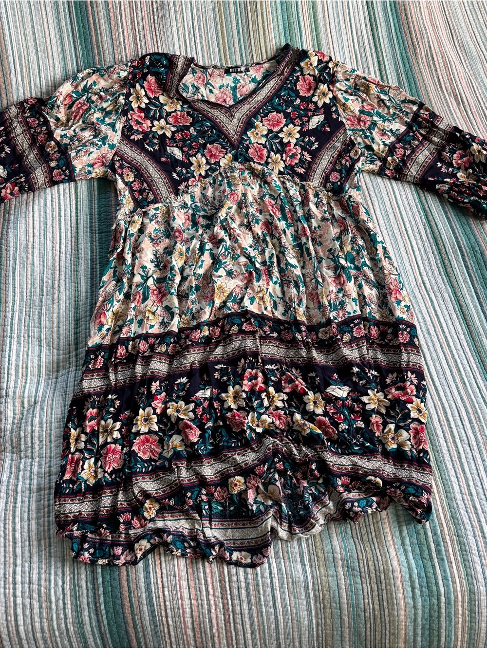 Girls Navy Floral Tiered Boho Dress with Cream Accents